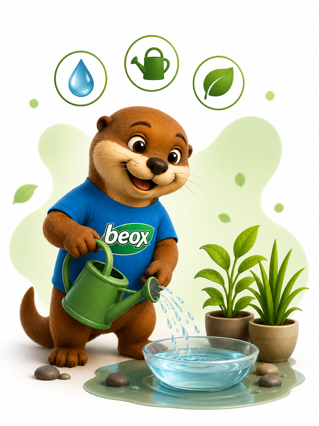 Nutria Beox regando plantas con agua reutilizada, símbolo de cuidado responsable del agua