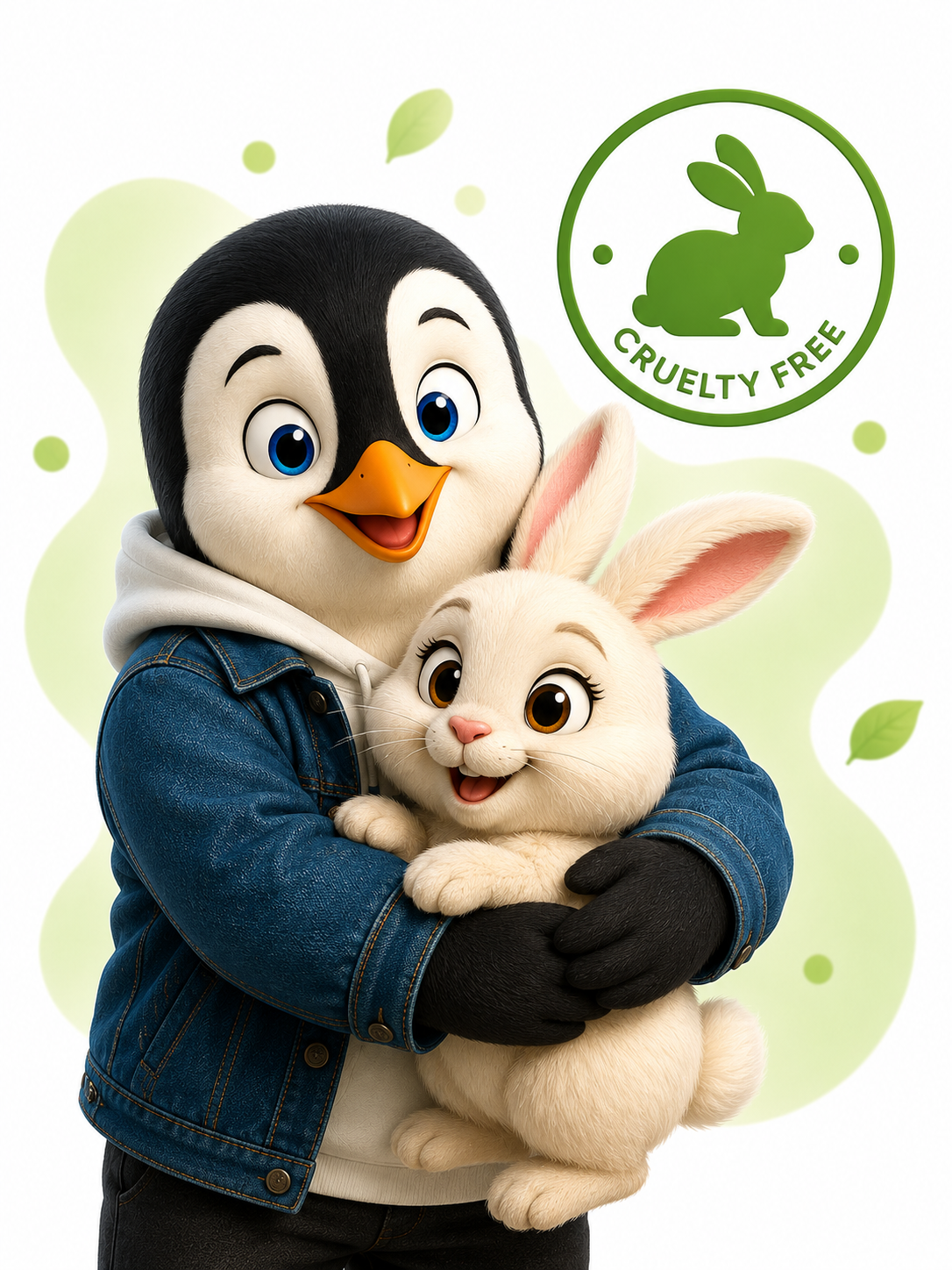 Pingüino Beox abrazando un conejo, símbolo del compromiso cruelty free y respeto por los animales