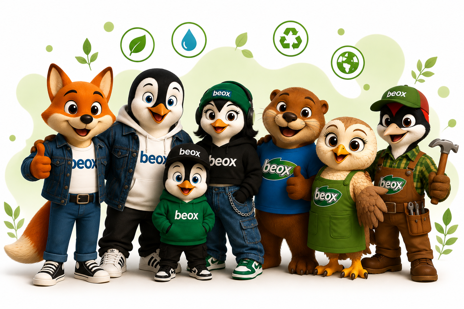Guardianes Beox juntos: Zorro, Familia Pingüino, Nutria, Lechuza y Carpintero, símbolo del compromiso de Beox con la mejora continua