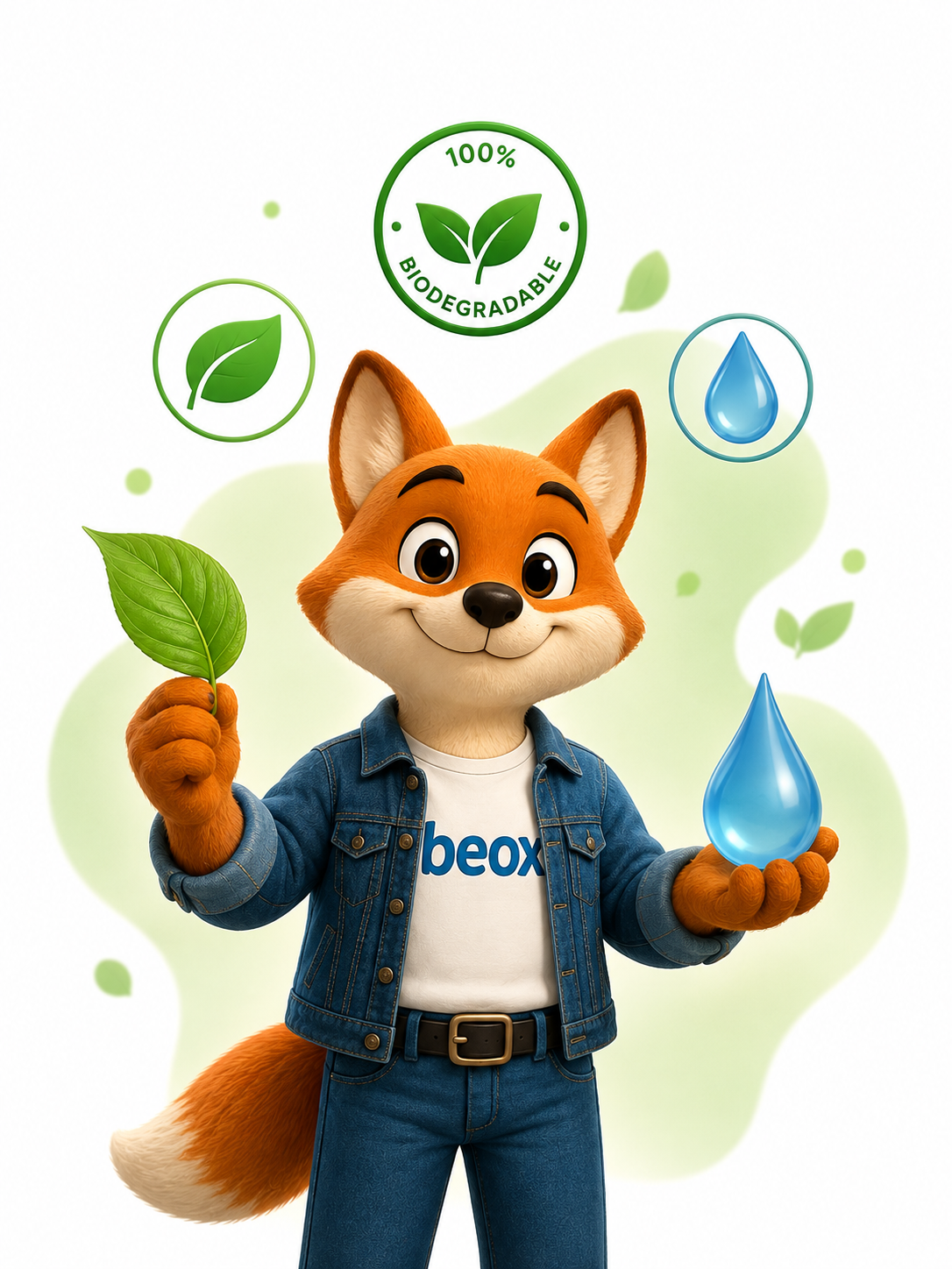 Zorro Beox sosteniendo una hoja y una gota de agua, símbolo de ingredientes biodegradables y seguros
