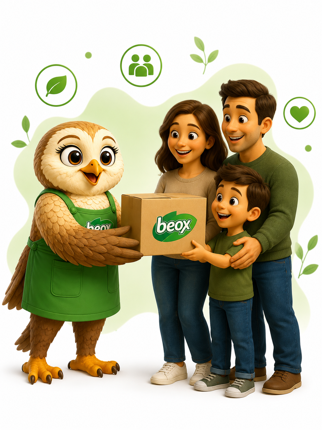 Lechuza Beox entregando un producto a una familia, símbolo del compromiso con las personas
