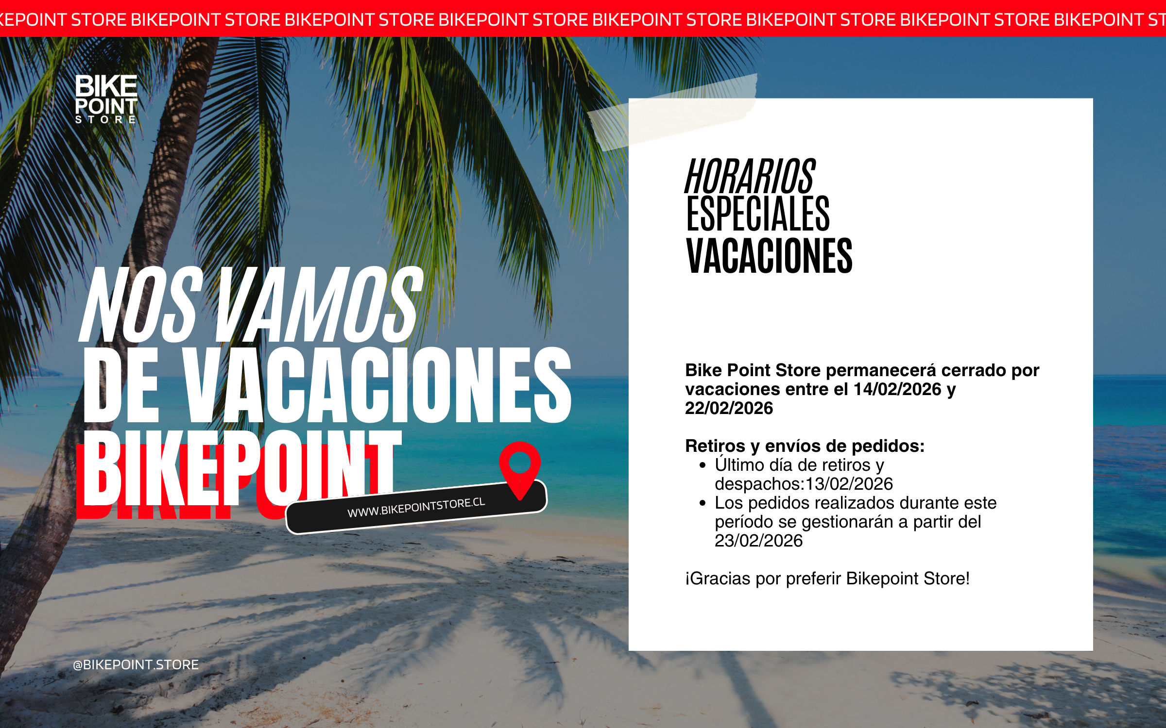Aviso de vacaciones Bike Point Store
