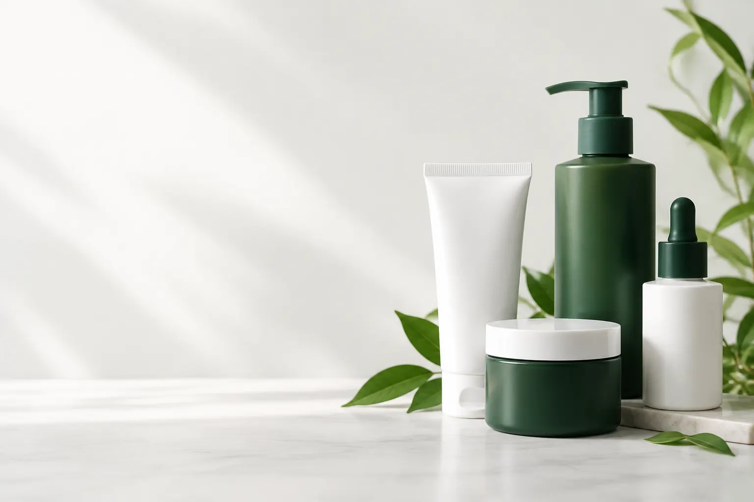 Varios envases lisos blancos y verdes junto a hojas discretas, sobre un fondo claro.