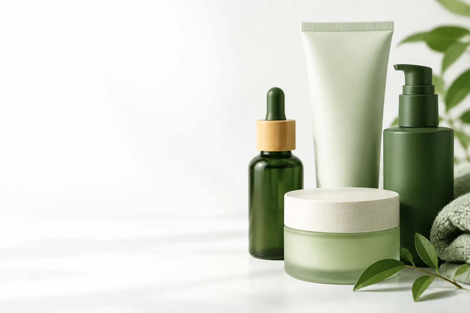 Detalles de varios envases lisos de productos de bienestar agrupados sobre un fondo blanco.