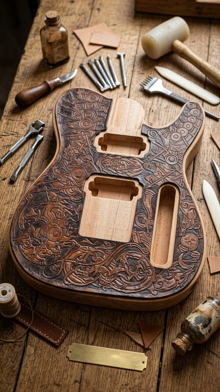 Cover en cuero tallado para guitarra