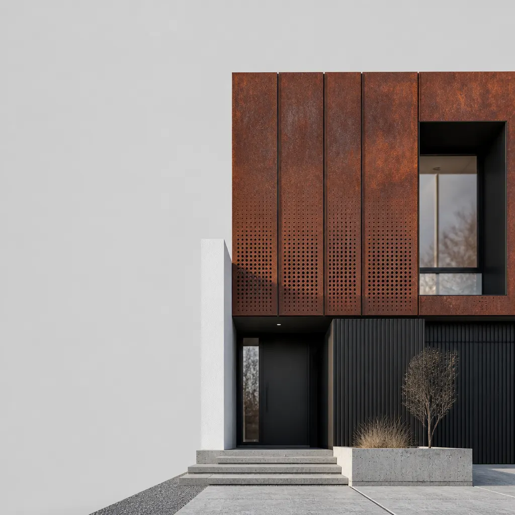 Fachada residencial contemporánea con paneles perforados de acero corten y juntas verticales.