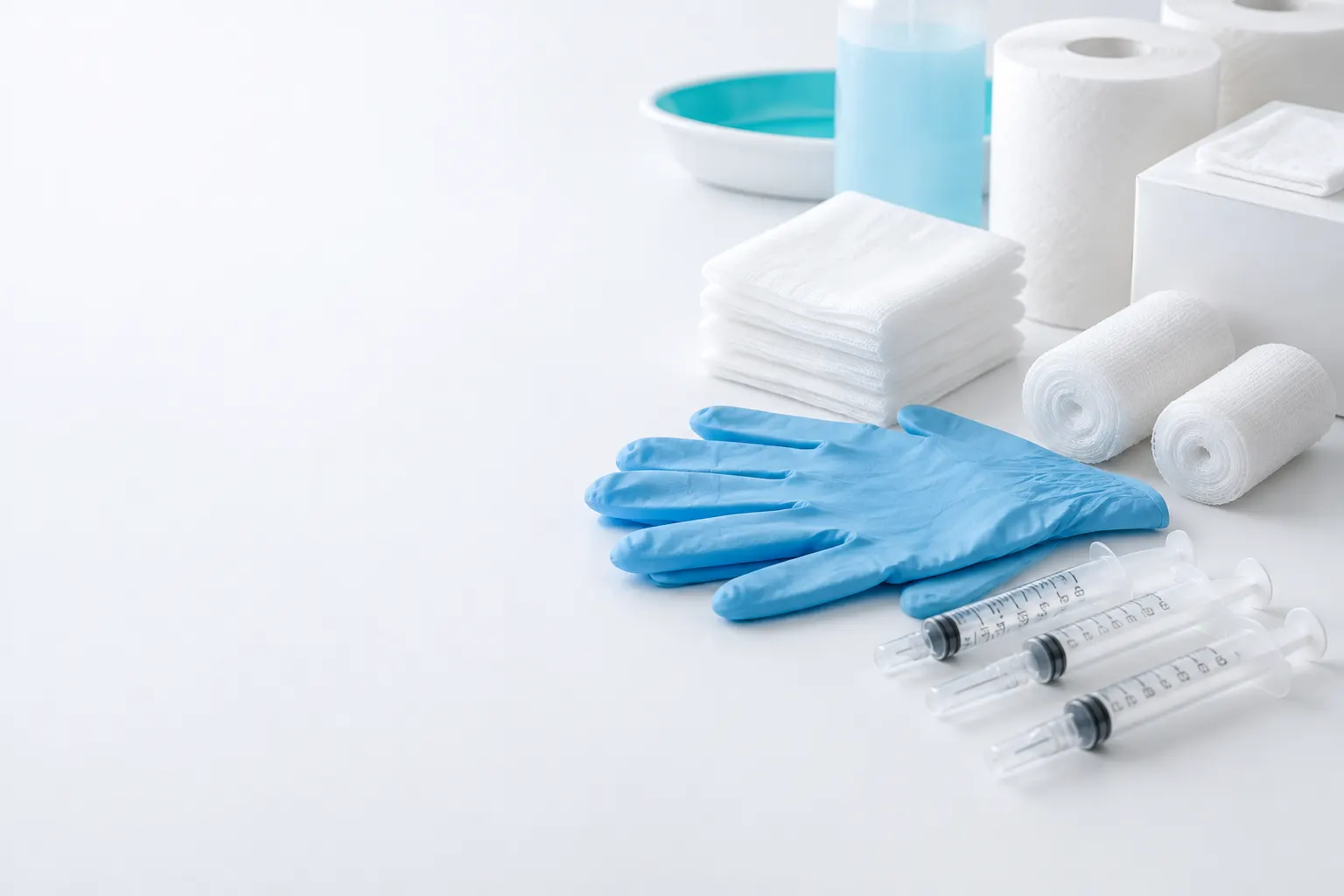 Guantes, jeringas, gasas y papel higiénico dispuestos en grupos sobre un fondo blanco.
