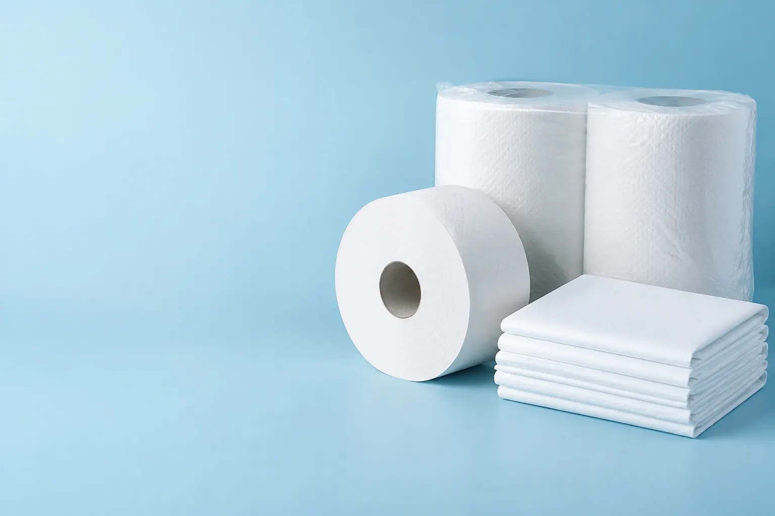 Papel toalla industrial, un rollo grande de papel higiénico y sabanillas dobladas sobre un fondo azul pálido.