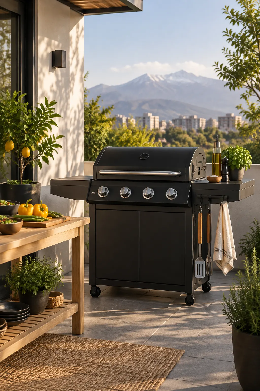 Parrilla negra de gas en terraza con mesa auxiliar, utensilios y plantas.