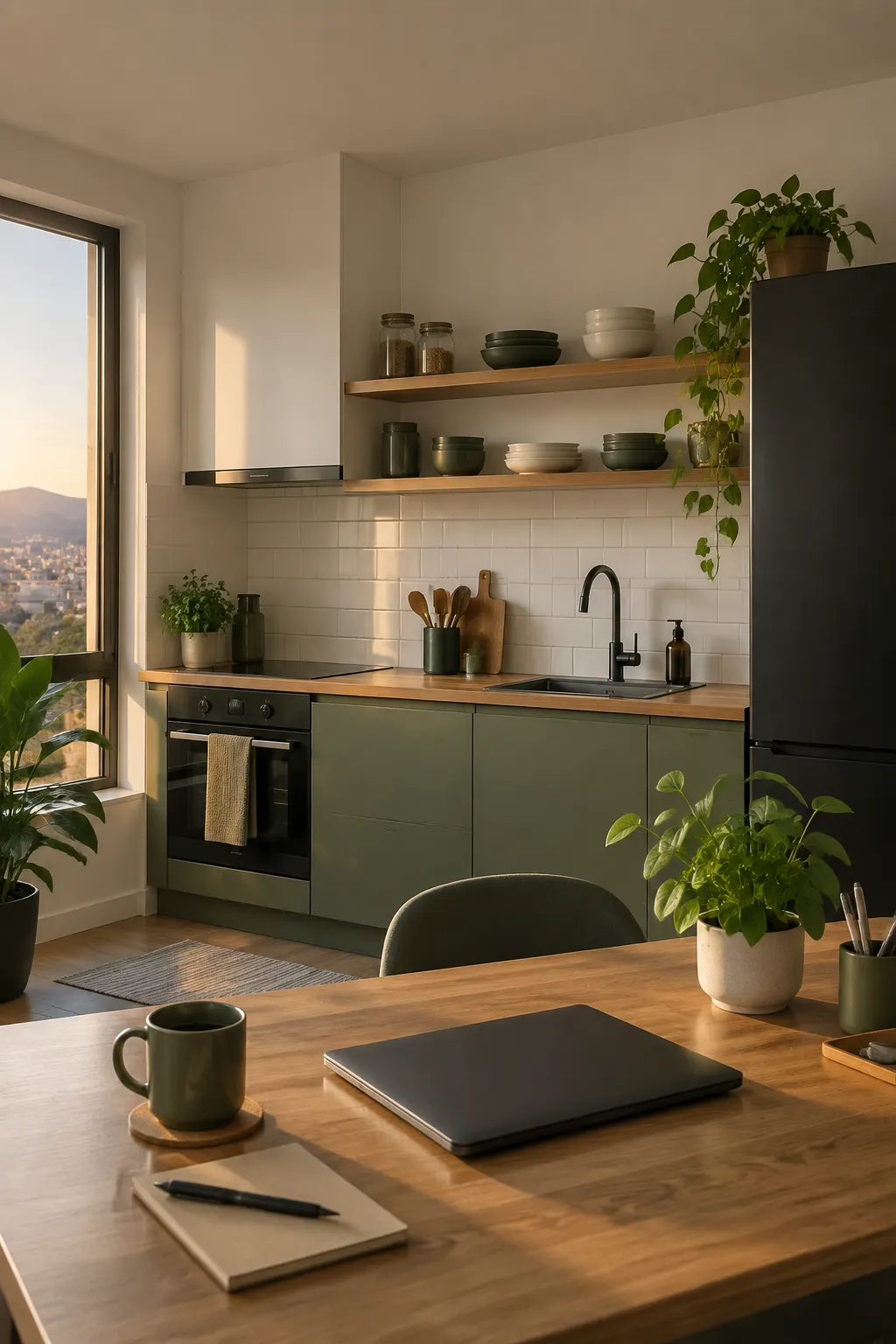 Cocina y zona de trabajo ordenadas con superficies de madera, organizadores y planta.