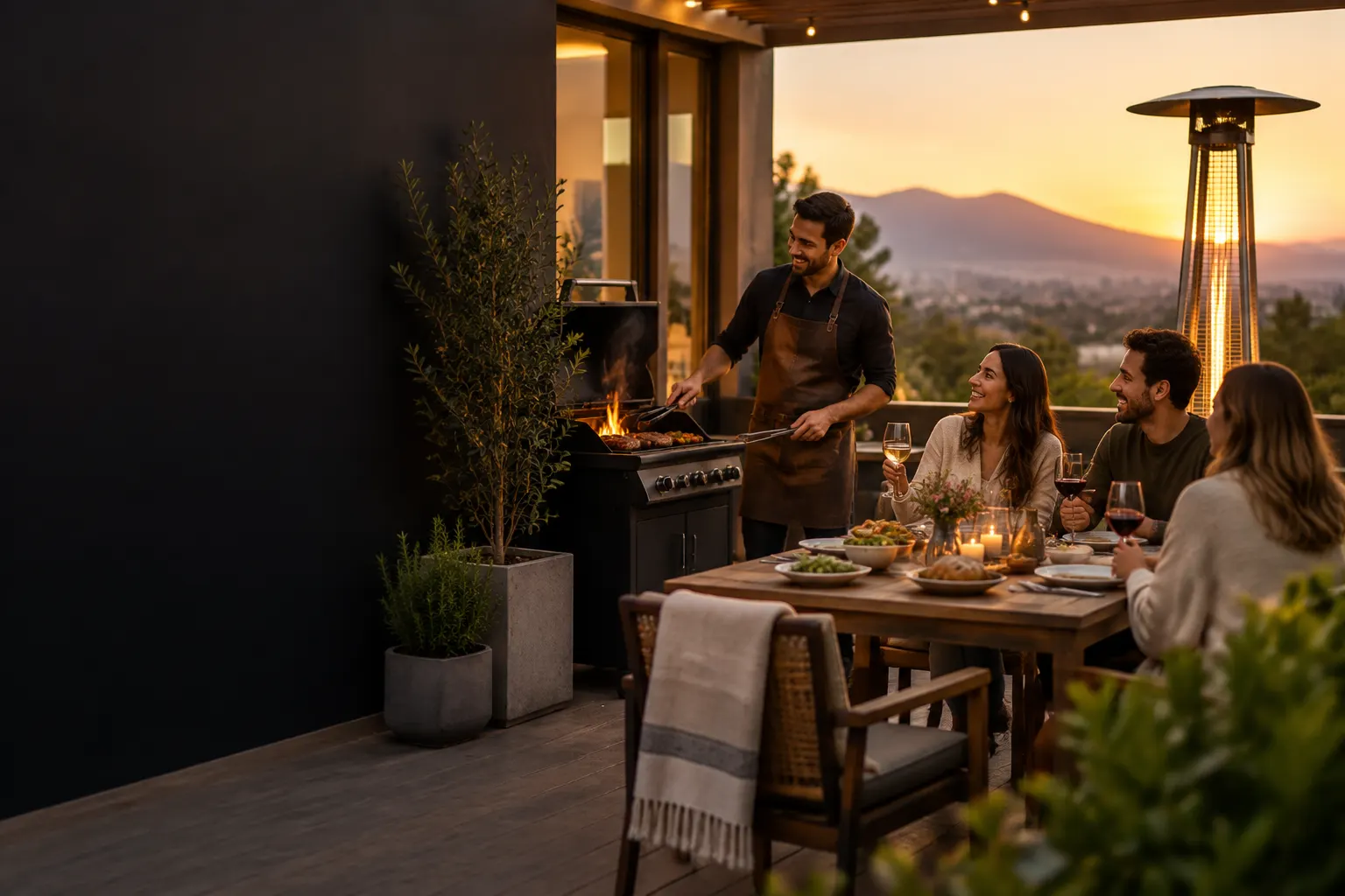 Terraza chilena al atardecer con parrilla encendida, mesa preparada y estufa exterior.