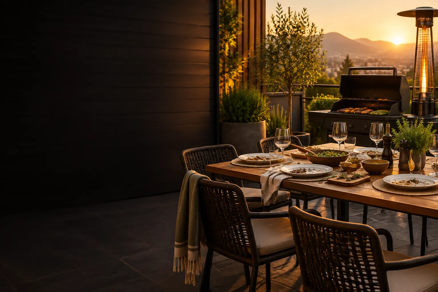 Terraza al aire libre con parrilla, mesa recién usada y estufa exterior.