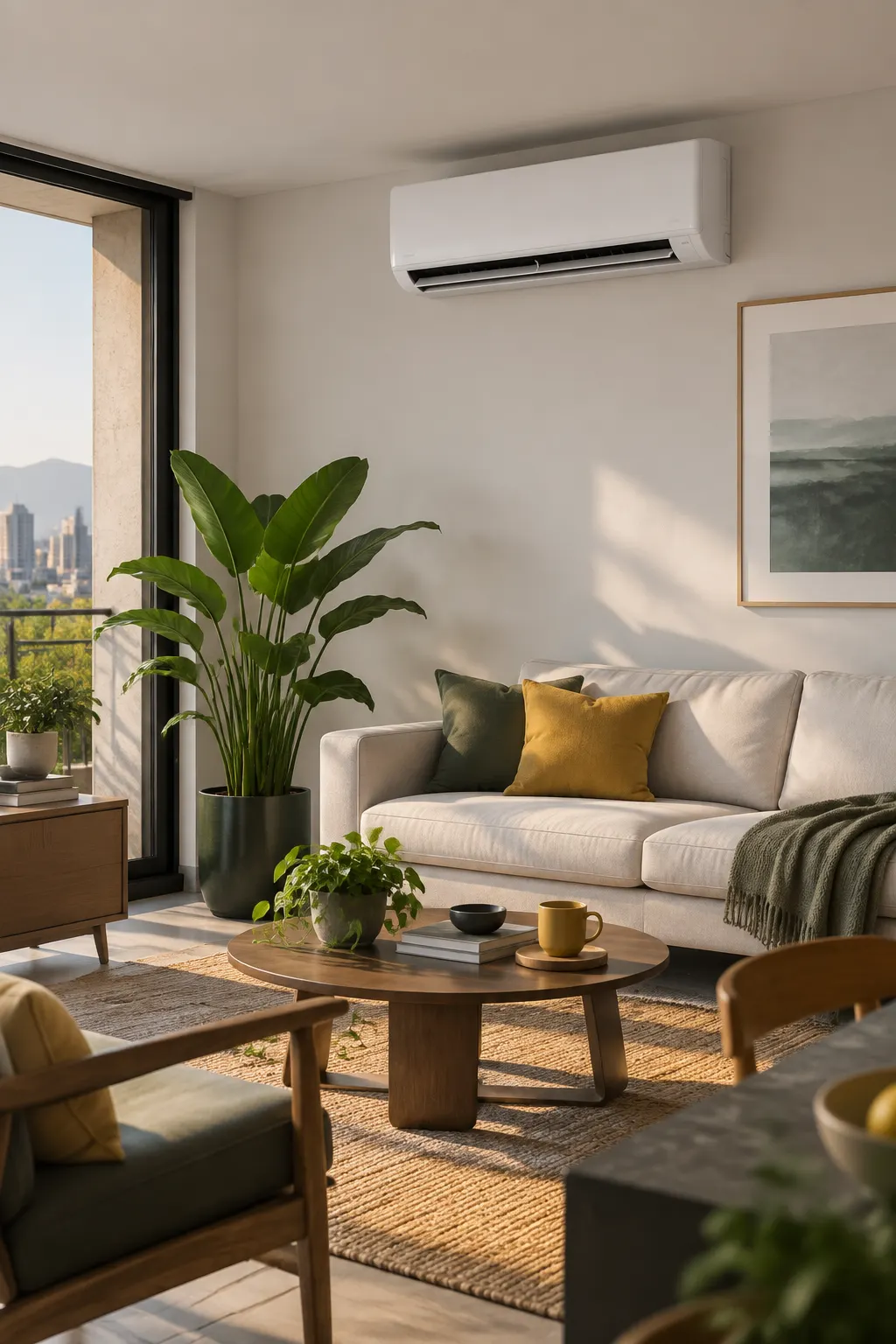 Living contemporáneo con aire acondicionado mural, sofá claro y planta.