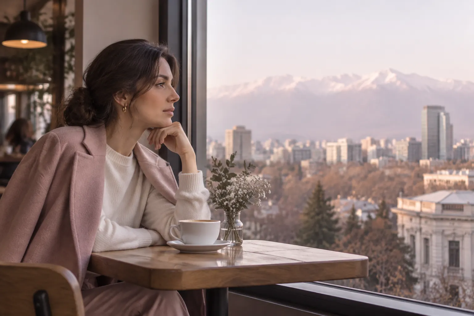 Mujer adulta de perfil junto a un ventanal, en un café luminoso y urbano.