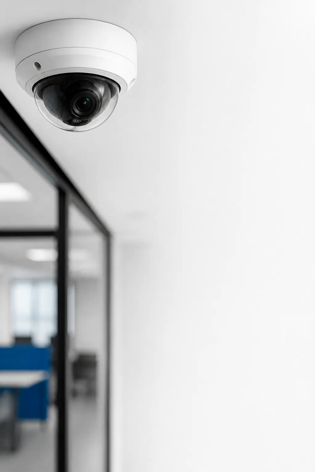 Cámara domo blanca instalada profesionalmente en el techo de una oficina contemporánea.