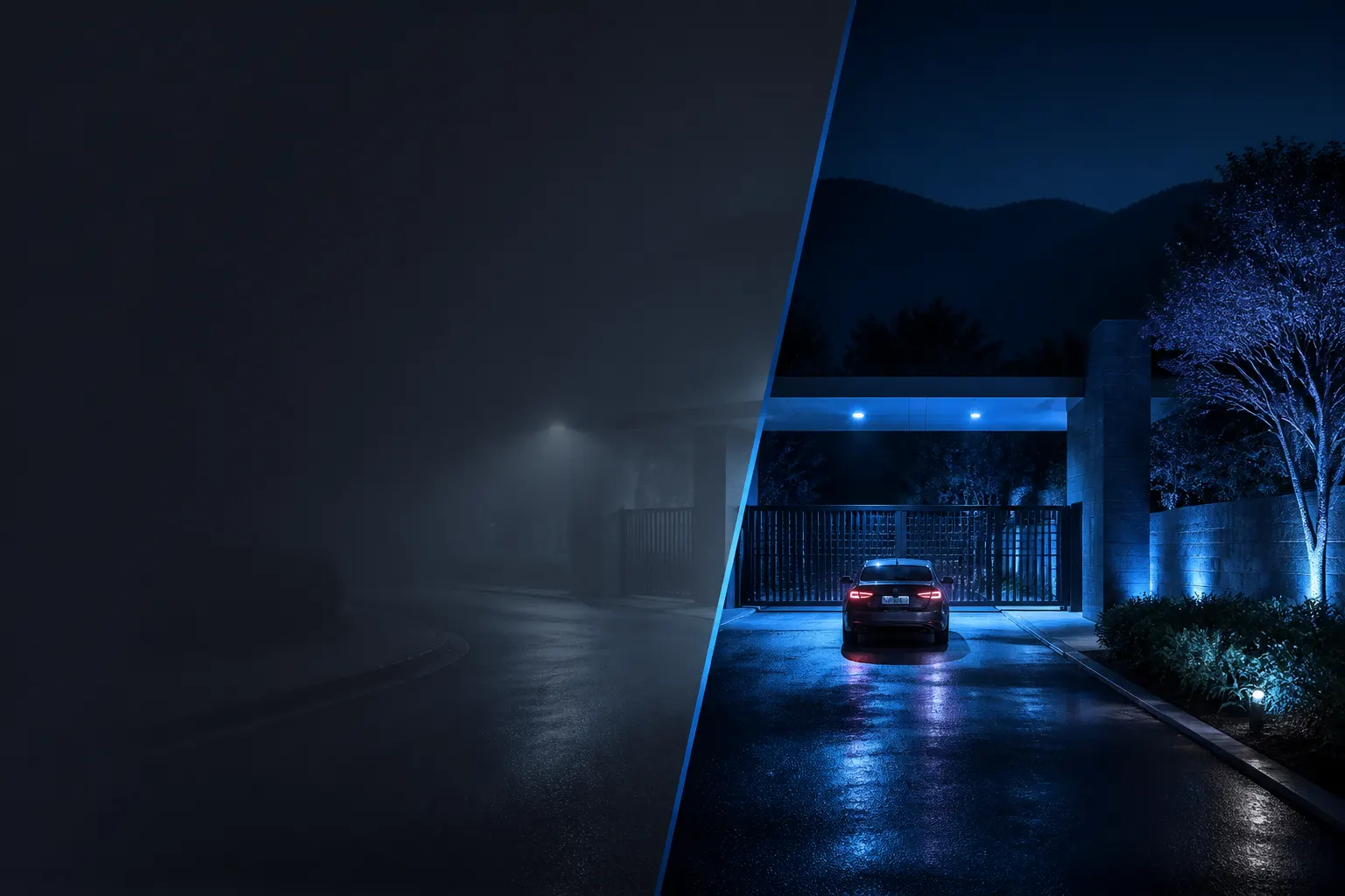 Acceso vehicular con una comparación visual entre una imagen nocturna borrosa y otra nítida.