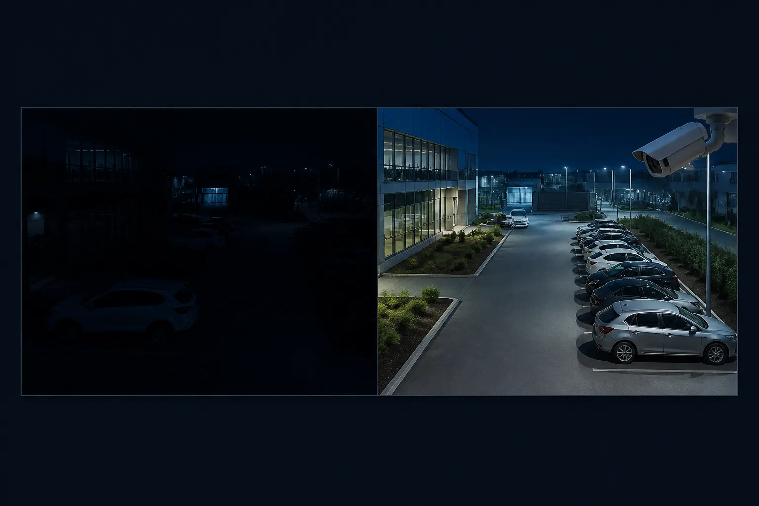 Acceso vehicular con una comparación visual entre una imagen nocturna borrosa y otra nítida.