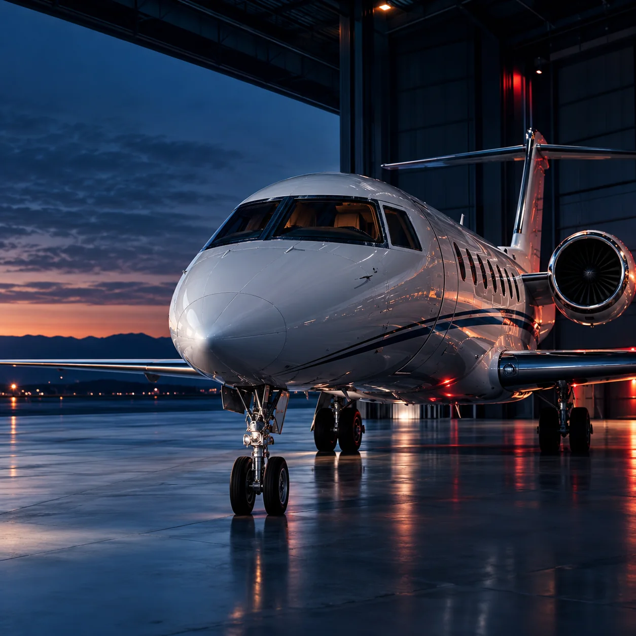 Avión ejecutivo a la entrada de un hangar al atardecer