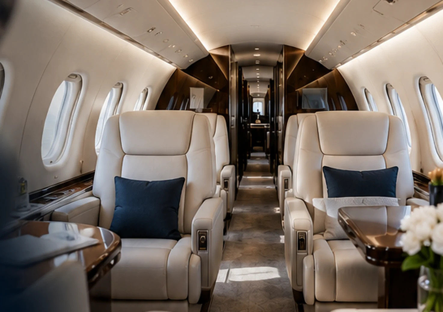 Premium business aircraft cabin prepared for passenger boarding.
