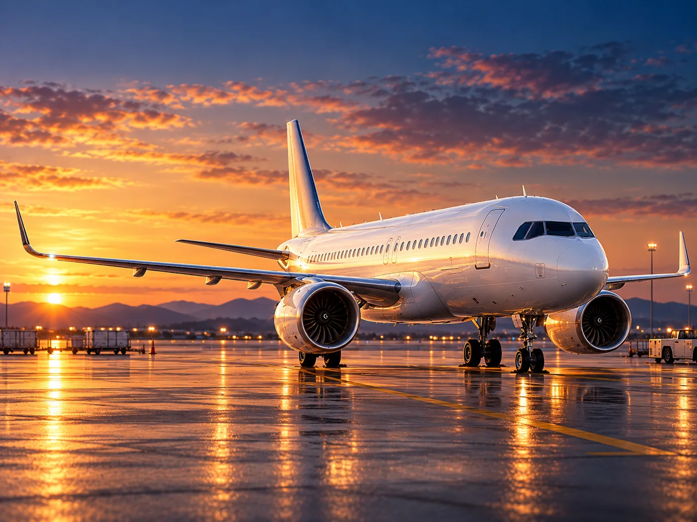 Avión comercial de pasillo único en plataforma al atardecer; imagen conceptual