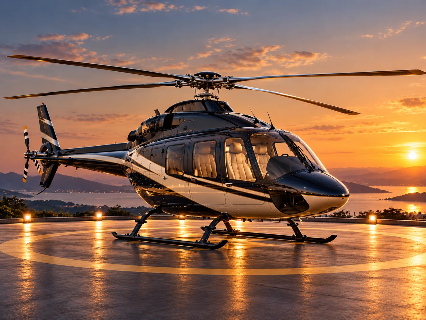 Helicóptero ejecutivo tipo VIP al atardecer; imagen conceptual