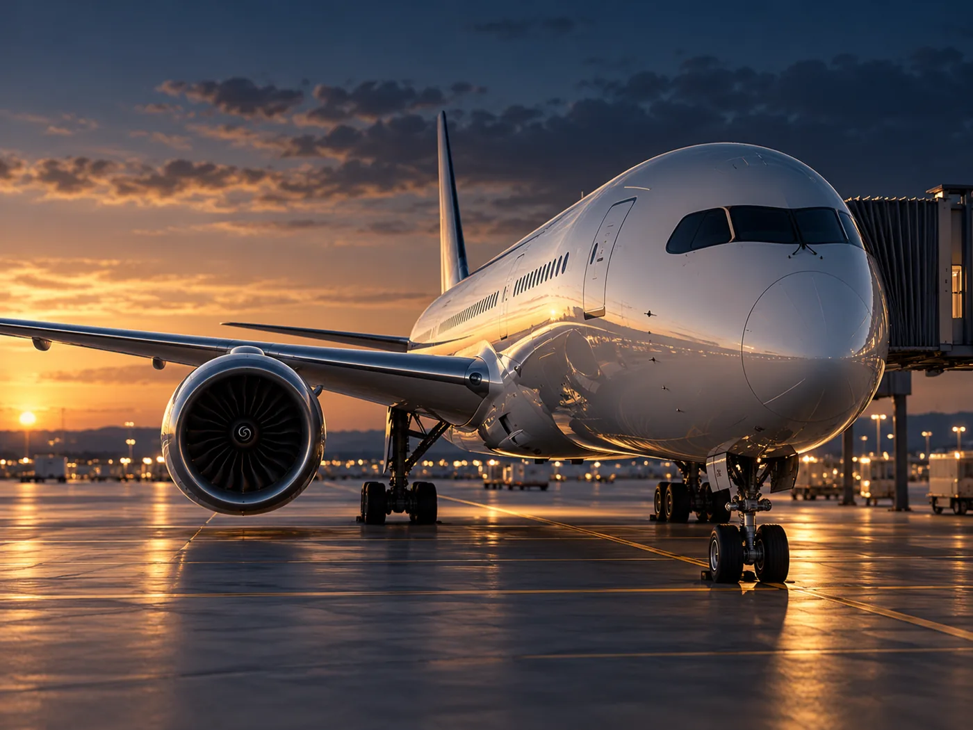 Avión comercial de fuselaje ancho en plataforma al atardecer; imagen conceptual