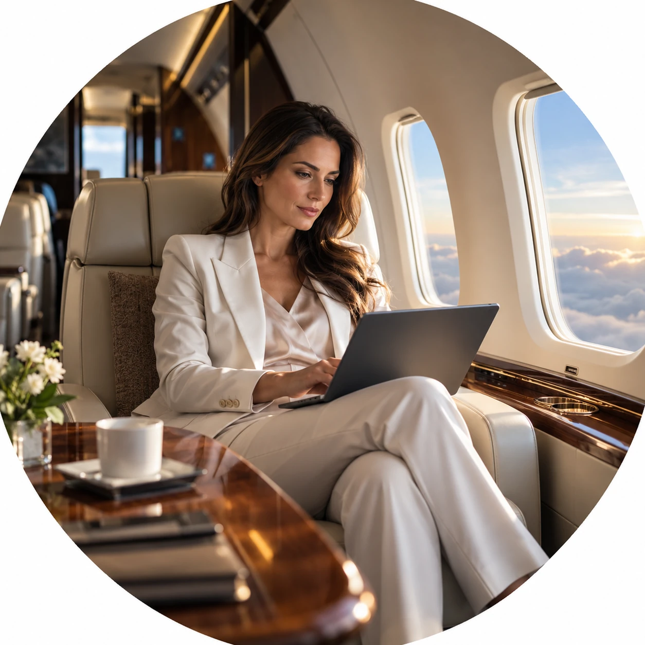 Illustrative photograph of a passenger using a laptop in a business jet cabin; connectivity service, no hardware installation.