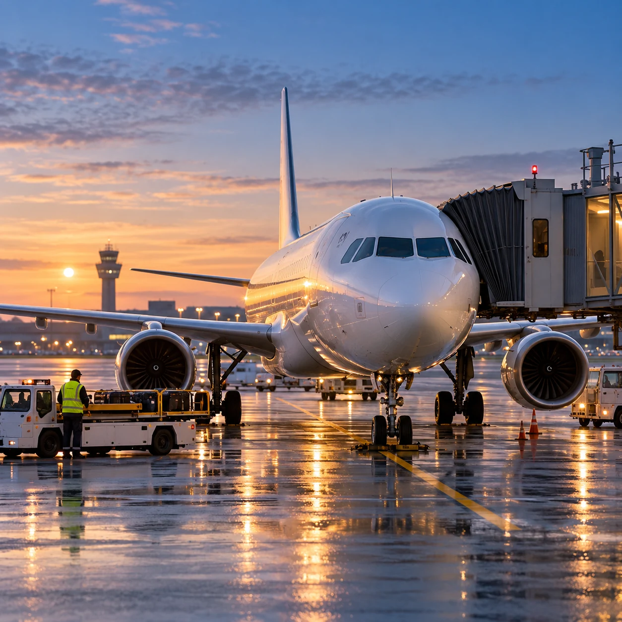 Twin-engine airliner on an airport apron at sunset, with both engines below the wings