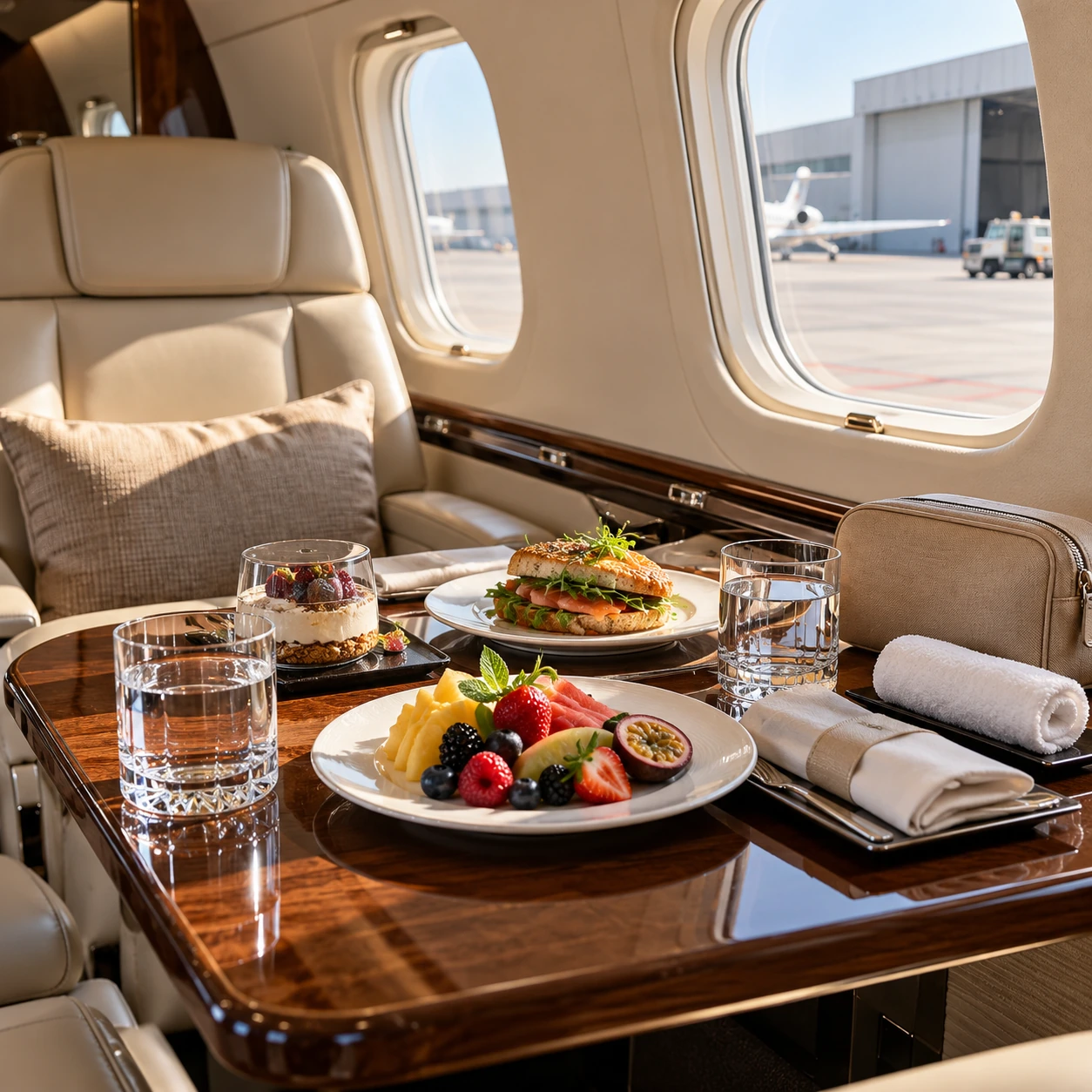Prepared executive catering and amenities inside an aircraft parked at an airport.