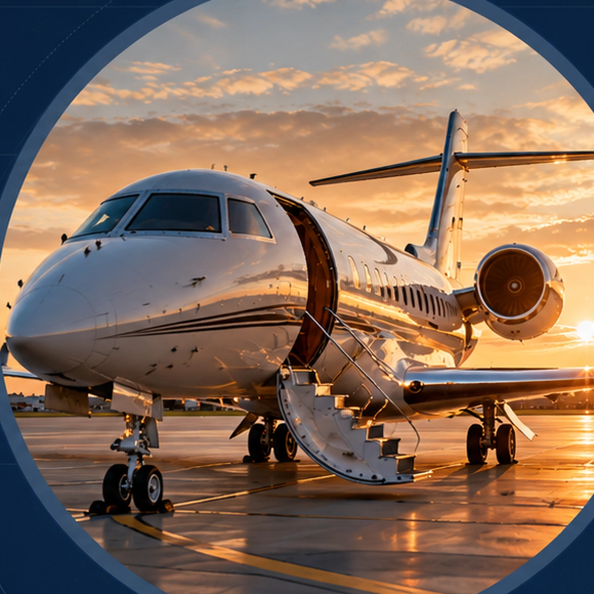 Business aircraft parked on the airport apron with its boarding stairs open at sunset.