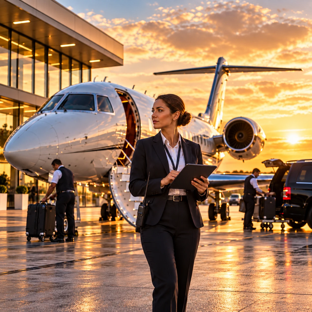 Ground service coordinator beside a business jet and FBO terminal