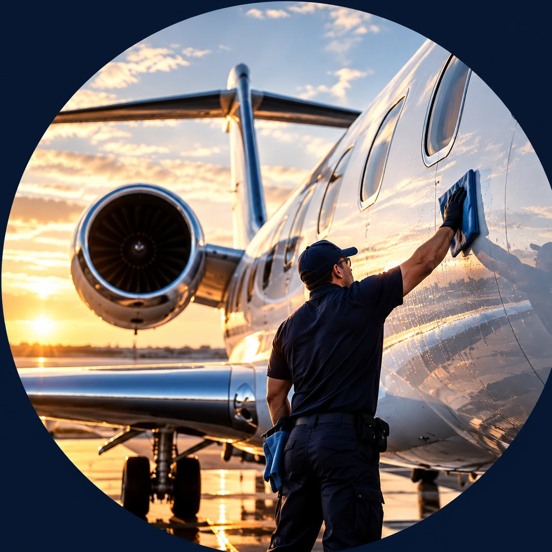Imagen conceptual de limpieza del fuselaje de un jet ejecutivo, sin identificación comercial
