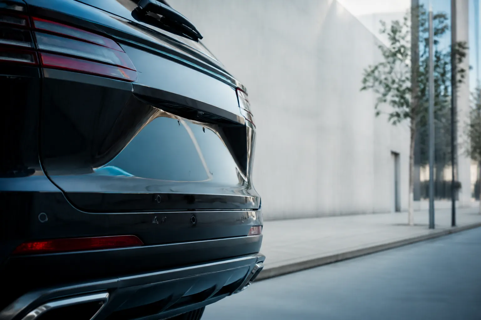 Parte trasera de un SUV moderno con cámara de retroceso y sensores integrados.