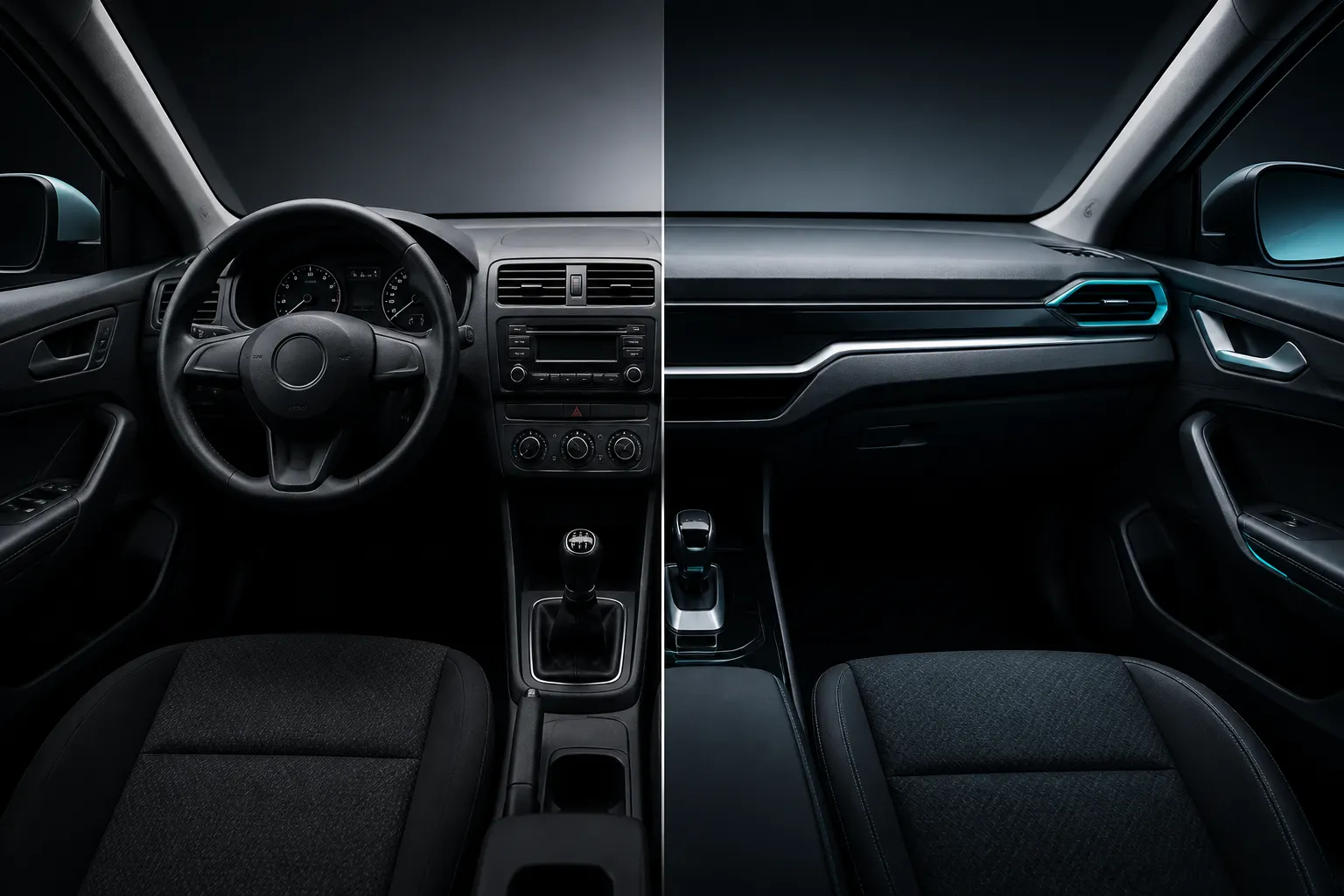 Cabina automotriz con radio convencional y controles sencillos, presentada como punto de partida para una modernización.