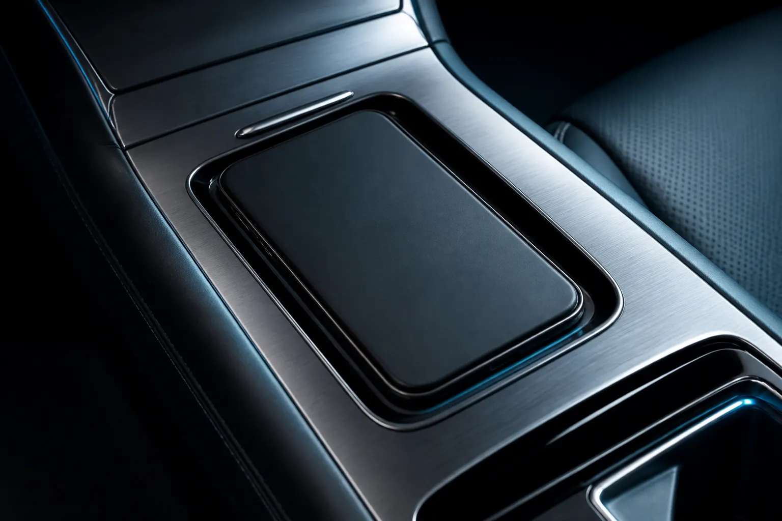 Cargador inalámbrico integrado en la consola central de un automóvil moderno junto a un smartphone sin pantalla visible.