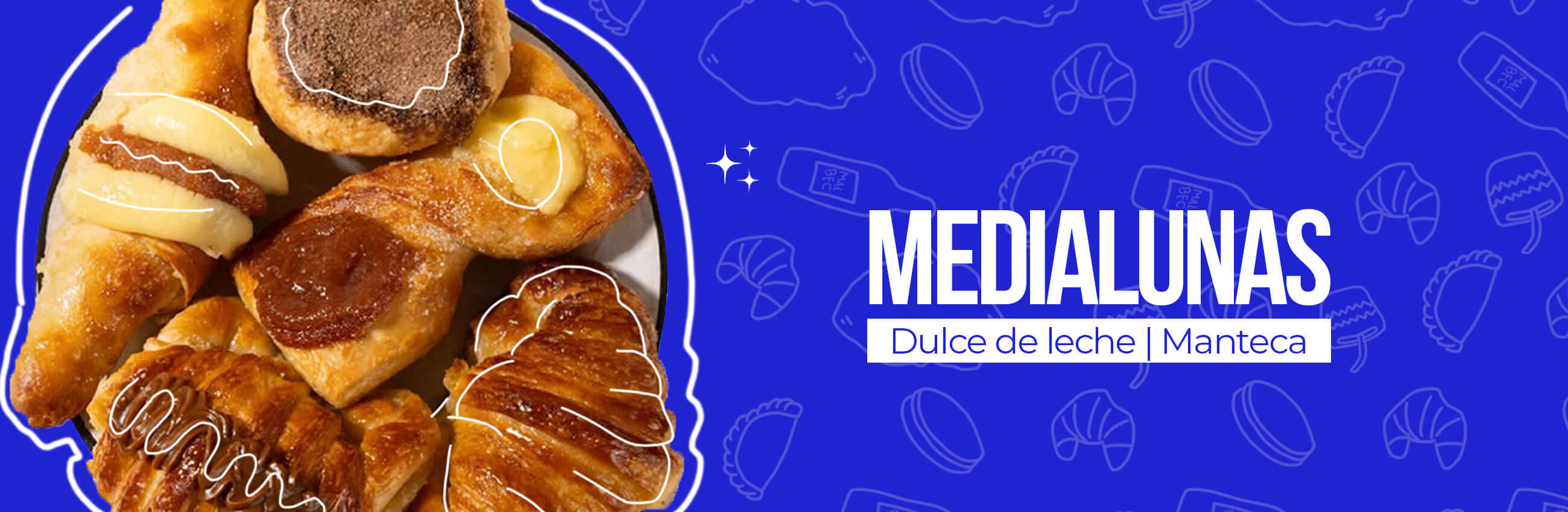 Banner de Medialunas Rellenas de Dulce de Leche, con masa hojaldrada y recién horneadas.
