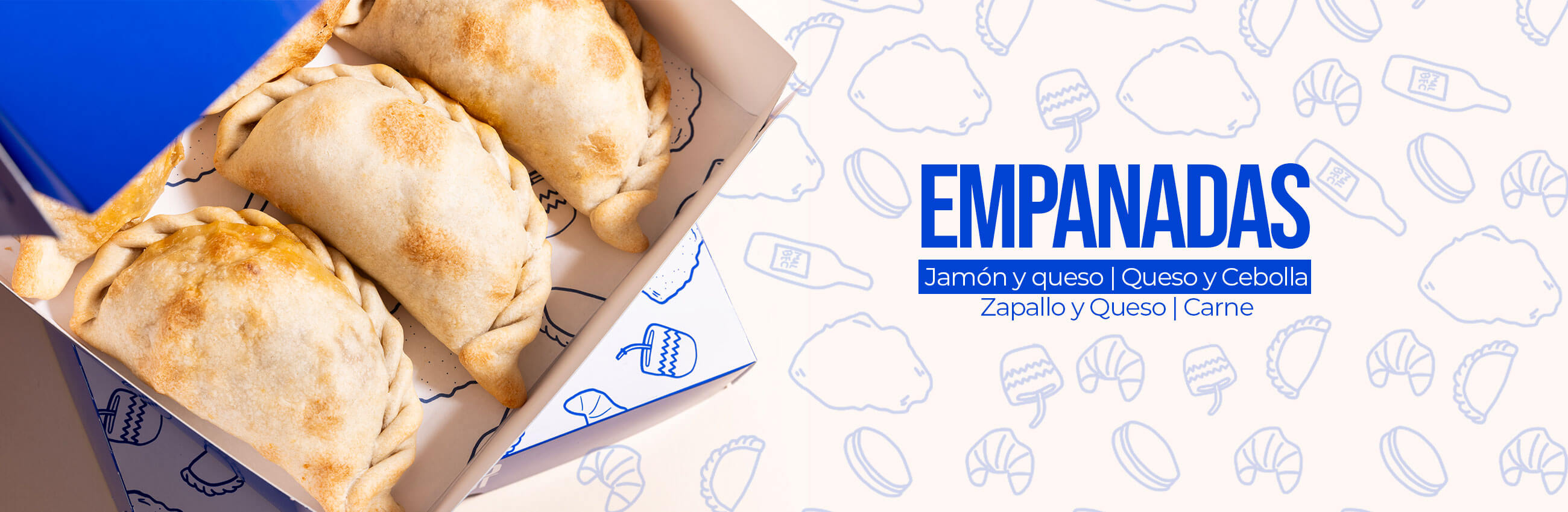 Banner de empanadas congeladas de jamón y queso, cebolla y queso, zapallo y queso, y carne.