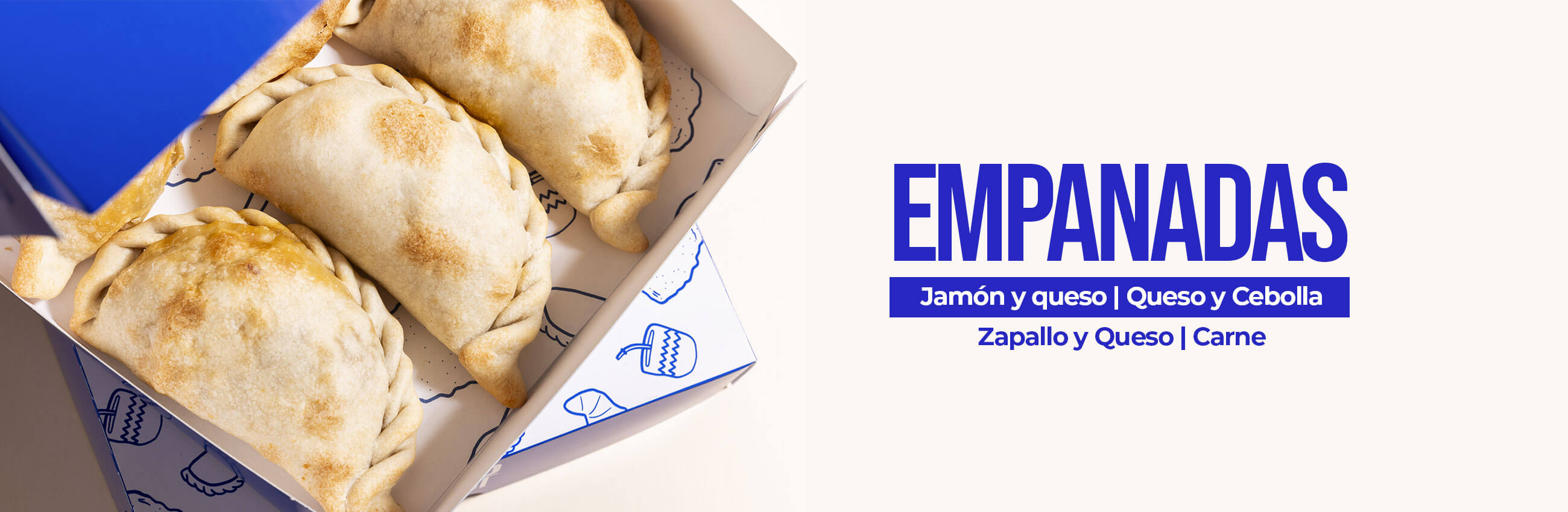 Banner de empanadas congeladas de jamón y queso, cebolla y queso, zapallo y queso, y carne.