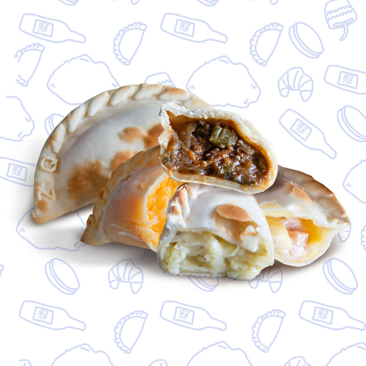 Variedad de empanadas argentinas de carne, jamón y queso, mostrando la categoría de empanadas.