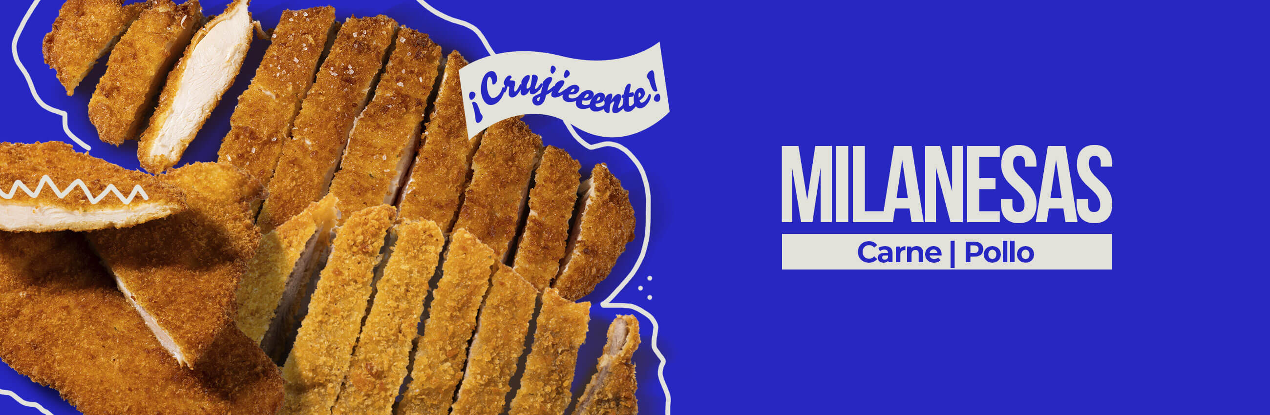 Banner de milanesas congeladas de pollo y carne. Crujientes y listas para preparar