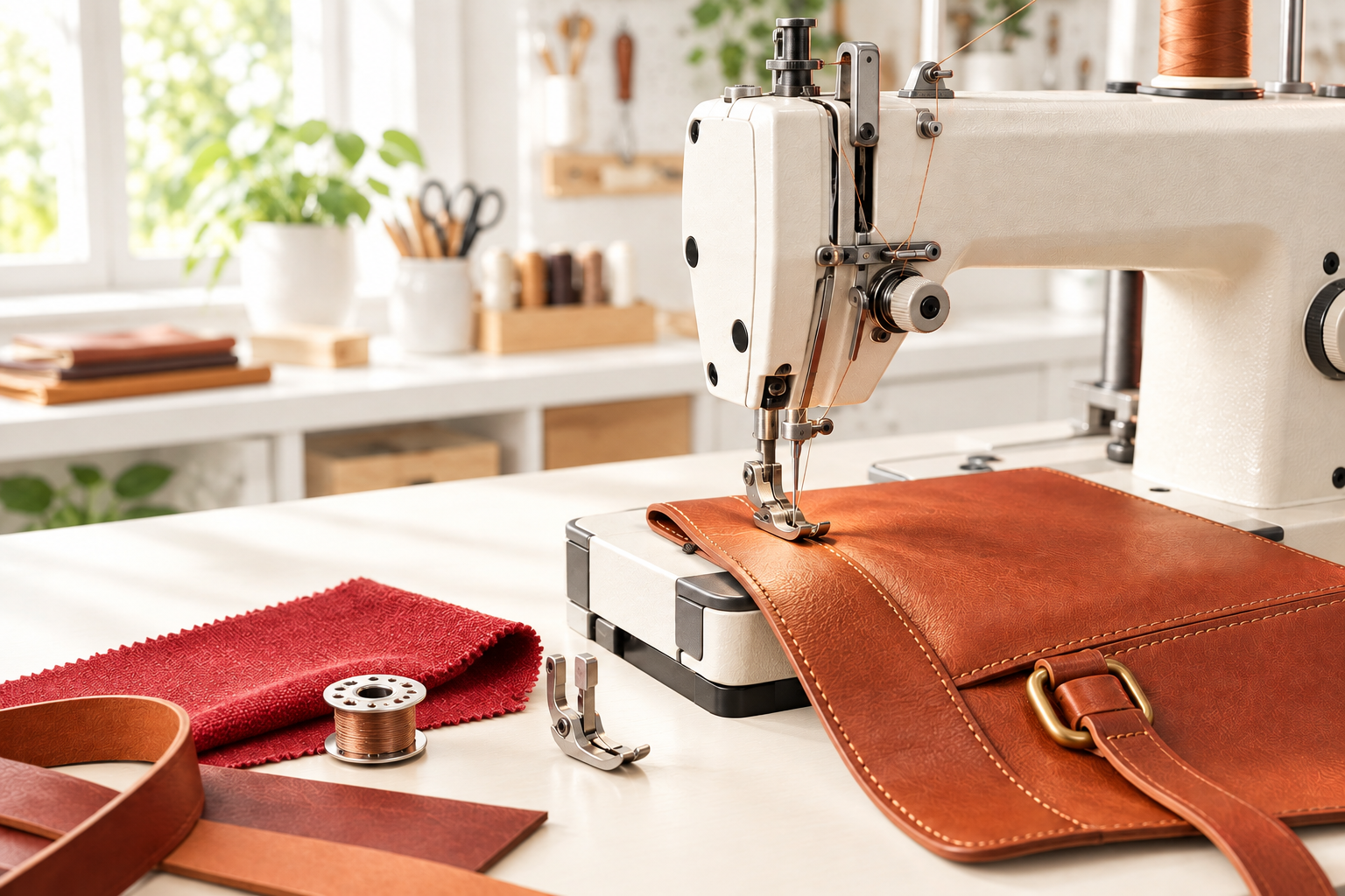 Máquina de coser industrial, bolso de cuero y repuestos en un taller luminoso