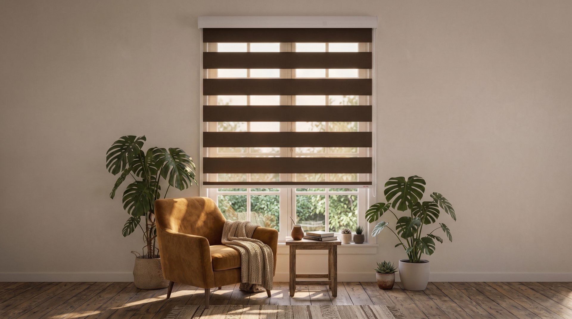 Cortina roller dúo zebra en living moderno — Clems Santiago
