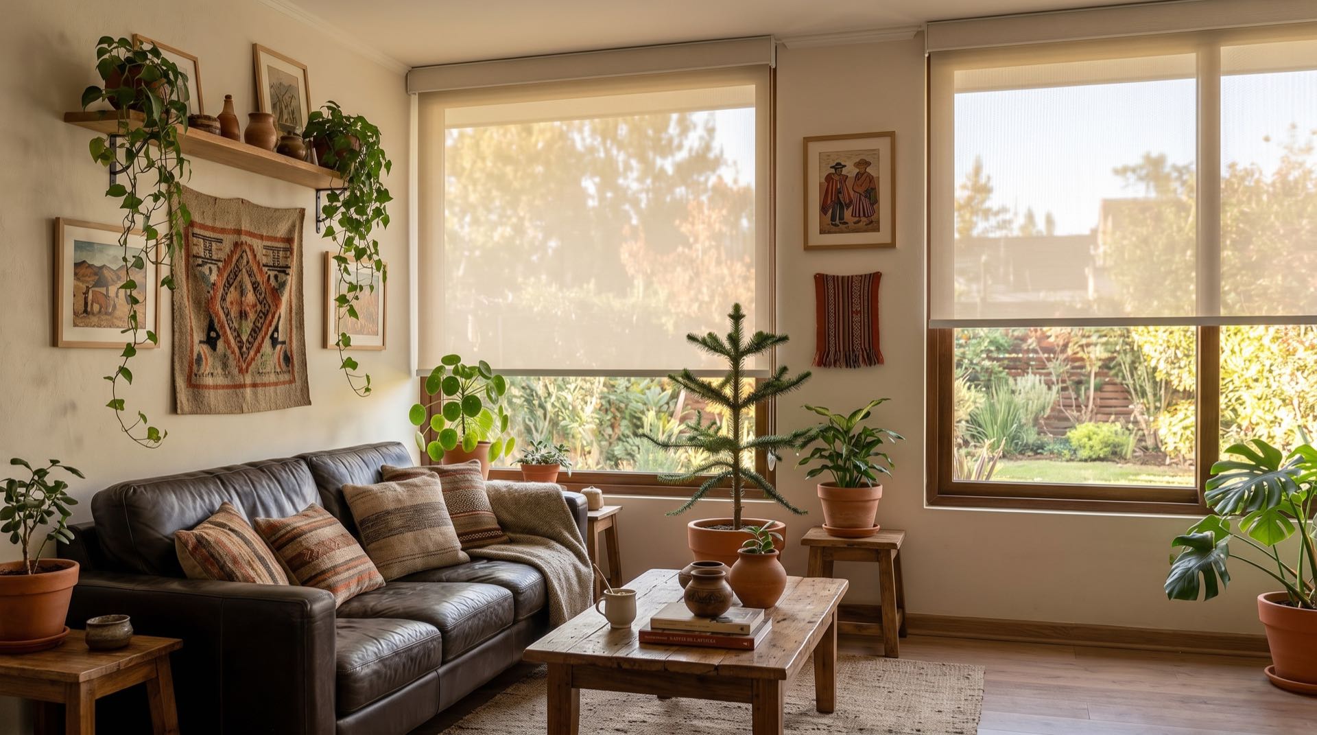 Cortina roller sunscreen en living con luz natural — Clems Santiago