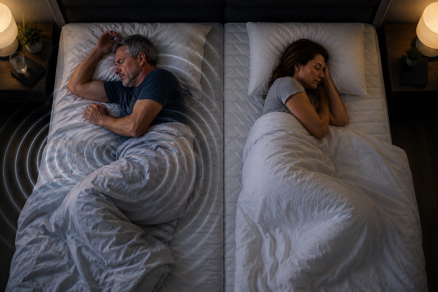 Casal a dormir numa cama, com uma pessoa em movimento e a outra a descansar