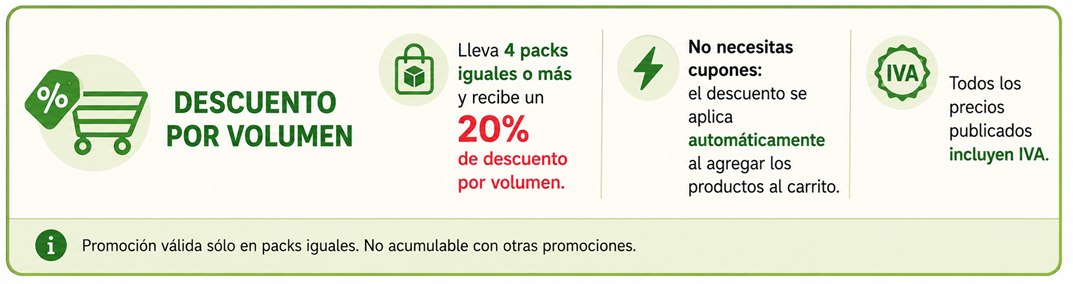 Descuento por volumen - 20% desde 4 packs iguales