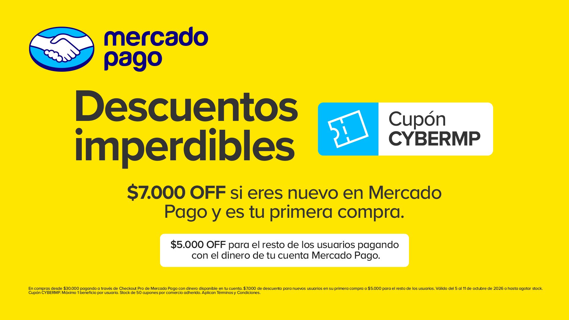 Mercado Pago: descuentos con cupón CYBERMP, válido del 5 al 11 de octubre de 2026