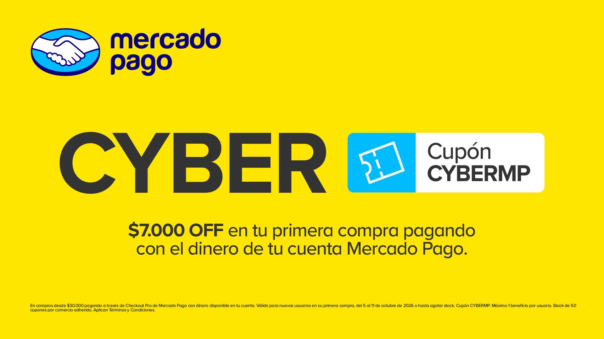 Cyber Mercado Pago: cupón CYBERMP para primera compra, del 5 al 11 de octubre de 2026