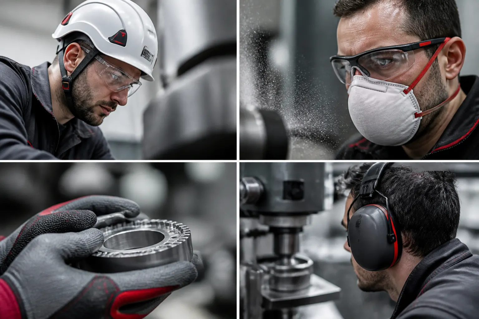 Equipos de protección para cabeza, ojos, manos y oídos usados en distintas tareas de taller.