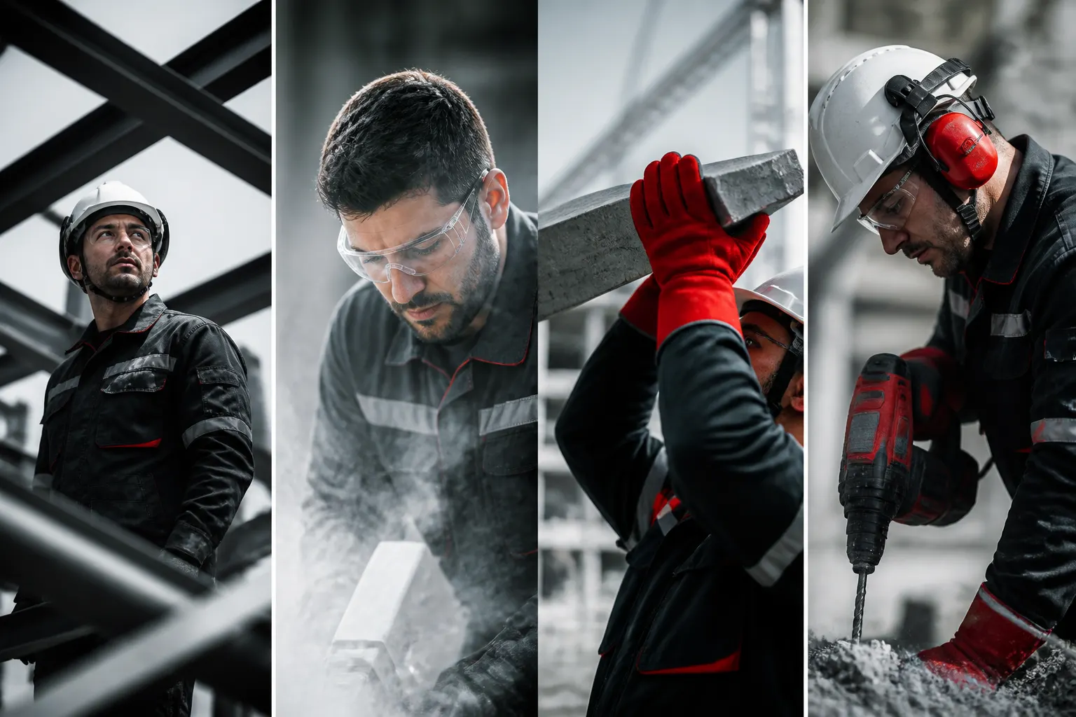 Trabajadores usando diferentes equipos de protección en una obra y un taller industrial.