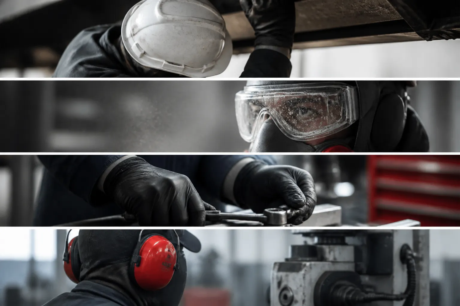 Viñetas de trabajadores usando protección para cabeza, rostro, manos y audición en faena.